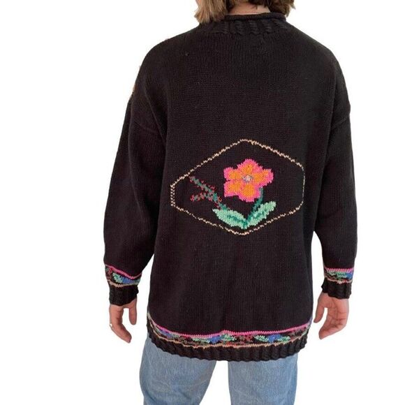 Vintage 1980s Hunt Club Hand Knit Floral Embroidered Oversized Grandma Sweater - Picture 6 of 7